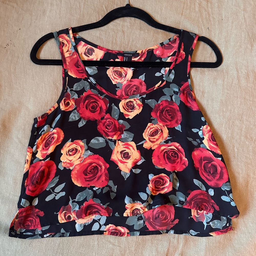 Forever 21 Black Tank Top with Red and Orange Roses